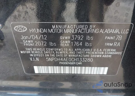 2012 Hyundai Elantra Gls from USA, damaged, VIN 5NPDH4AE0CH133280